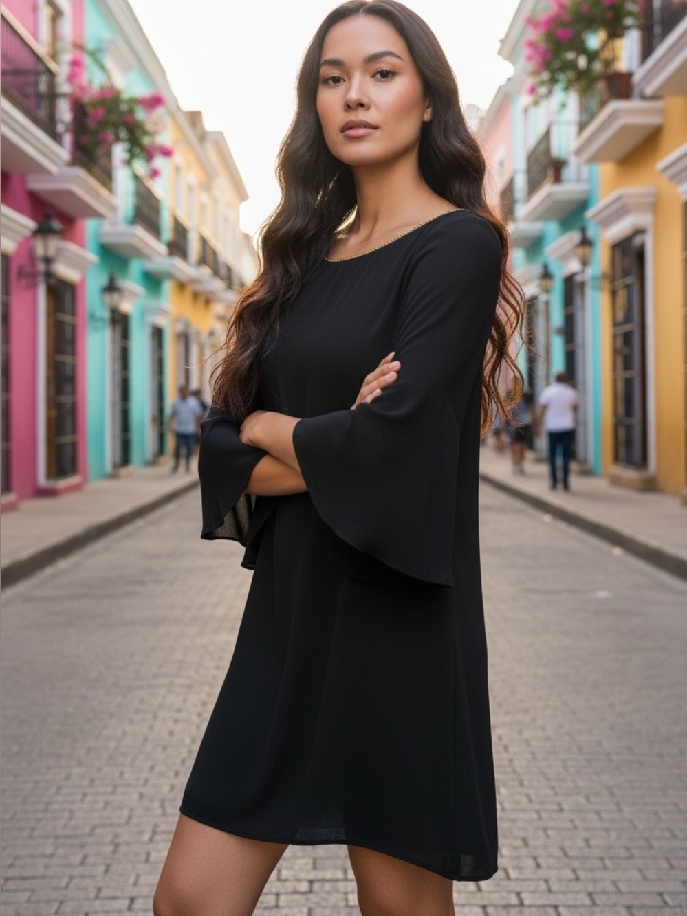 Classic Black Long-Sleeve Crepe Shift Dress 2